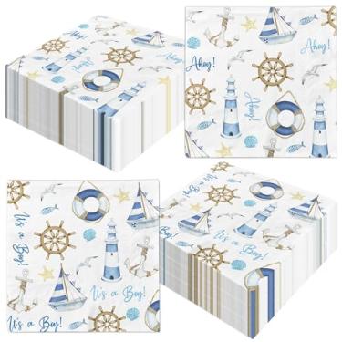 Imagem de Ahoy Decoração de chá de bebê náutico, 40 peças Ahoy Its A Boy Suprimentos de guardanapos de chá de bebê Ahoy Nautical Party Guardanapos de papel para meninos tema marinheiro decorações de chá de bebê