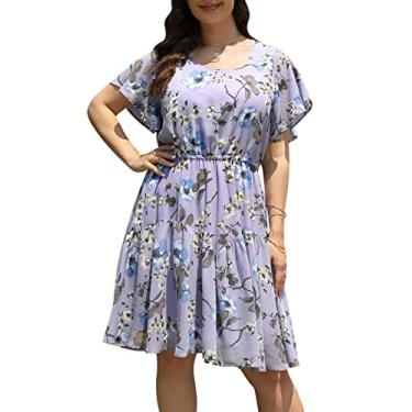 Imagem de Nemidor Vestido feminino casual plus size verão boho chiffon estampado midi skater com manga de babados NEM297, Roxo, azul, 58