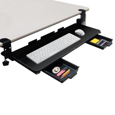 Imagem de Bandeja de teclado embaixo da mesa, bandeja de teclado removível embaixo da mesa com suporte C-Clip, 65 cm (76,2 cm incluindo braçadeiras) x gaveta de teclado de computador deslizante de 24 cm, para