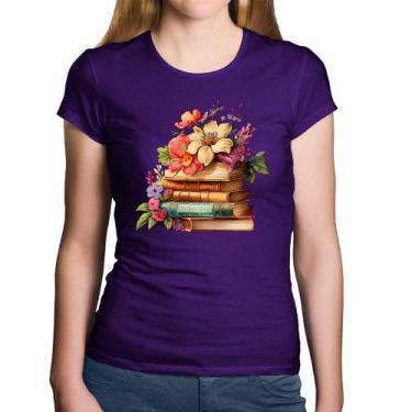 Imagem de Baby Look Algodão Livros e Flores Vintage - Foca na Moda, Roxo, GG