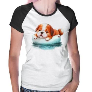 Imagem de Baby Look Raglan Cachorrinho Na Piscina  - Foca na Moda, Branco, Preto