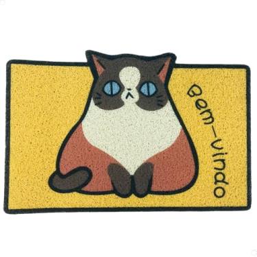 Imagem de Tapete Capacho Porta de Entrada Pets 'Bem-vindo' 100% Poliéster Emborrachado 60cm x 40cm Para Receber Com Estilo (Gato Gordinho)