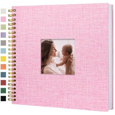 Imagem de Hiwhy Álbum De Fotos Scrapbook, Capa Linho, 30 X Cm, Dura, Kraft, Páginas Brancas, Livro Memórias, Para Viagens, Casamento, Chá Bebê Natal (40 Folhas/80 Páginas, Rosa)