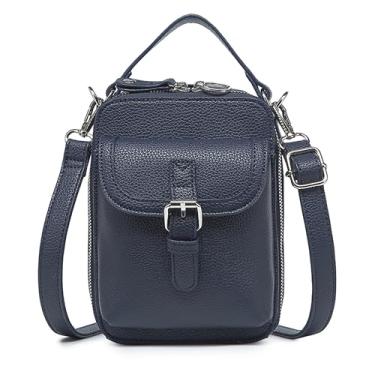 Imagem de GISMTR Bolsa tiracolo de couro feminina, bolsa carteiro vintage, bolsas de ombro antirroubo de grande capacidade com 10 compartimentos para cartão, Azul escuro, Vintage