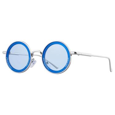 Imagem de VFDHN Óculos de sol da moda masculino, redondo, armação de metal, para dirigir ao ar livre, ultravioleta (azul e prata)