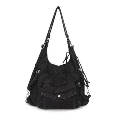 Imagem de WIGUYUN Bolsa feminina vintage jeans nostálgica bolsa de ombro bolsa casual alça superior, C - preto, One Size