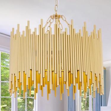 Imagem de TOCHIC Luminária de lustre dourado 53 cm D, 4 luzes modernas de fazenda lustres de tambor rústico suspenso luminária de teto para tetos altos sala de jantar sala de estar vestíbulo cozinha entrada