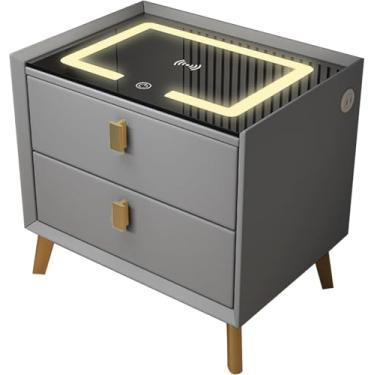 Imagem de Mesa De Cabeceira Inteligente, Mesa De Cabeceira Multifuncional Com Luzes Led E Estação De Carregamento Sem Fio, Mesa De Cabeceira Com 2 Gavetas, Mesa De Cabeceira Peque, Gray+gold, L-45cm