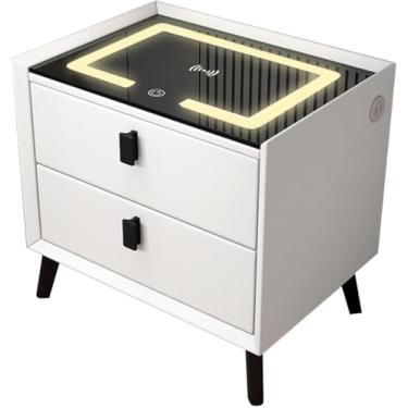 Imagem de Mesa De Cabeceira Inteligente, Mesa De Cabeceira Multifuncional Com Luzes Led E Estação De Carregamento Sem Fio, Mesa De Cabeceira Com 2 Gavetas, Mesa De Cabeceira Peque, White+black, L-40cm