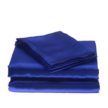 Imagem de Conjunto de lençóis de cetim 100% seda pura Bedify, 4 peças, lençol de seda com elástico de 38 cm de profundidade, lençol plano de seda e conjunto de fronhas!! !, Royal Blue, California Queen