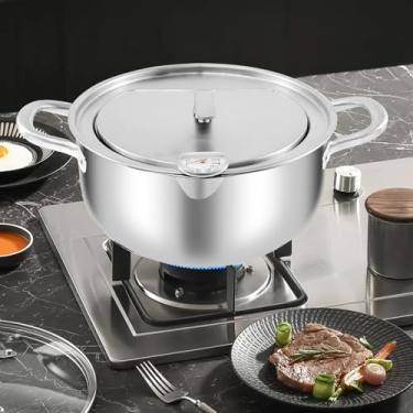 Imagem de Fritadeira com termômetro e escorredor de gotejamento de óleo Panela de aço inoxidável com tampa Frigideira japonesa Tempura Fritadeira Pequena Frigideira Profunda Multifuncional para Batatas Fritas