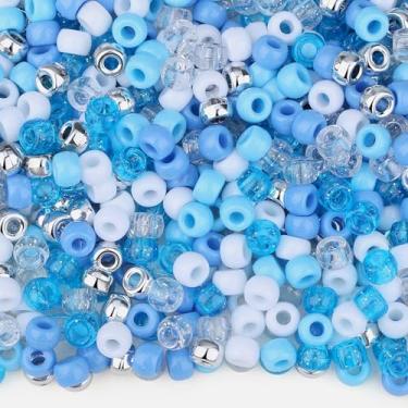 Imagem de LAIDANLA 1000 contas de pônei de inverno para pulseira 6 x 9 mm contas de cabelo para tranças, azul, prata, branco, contas Kandi de plástico transparente a granel para artesanato faça você mesmo para