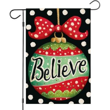 Imagem de OQUAYA Bandeira de jardim de Natal 30,5 x 45,7 cm dupla face externa, enfeite pequeno preto de bolinhas de Natal Believe Ornament Holiday Yard Outdoor Flag