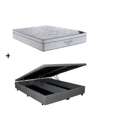 Imagem de Cama Box Baú Casal Bipartido Cinza Colchão Freedom Molas Ensacadas 138x188 - Ortobom