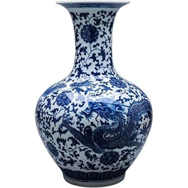 Imagem de Vaso de flores vaso de cerâmica 55 cm grande azul e branco vaso de flor de porcelana chinês retrô pintado à mão vasos de cerâmica áspera para casa, quarto, sala de estar, ornamento, vasos para