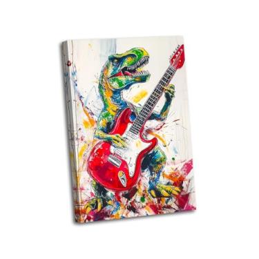 Imagem de Arte de parede em tela de dinossauro, graffiti, imagens de dinossauro, impressões coloridas, animais abstratos, tocando guitarra, pôsteres para decoração de quarto (animal-3,5 cm C x 60 cm)