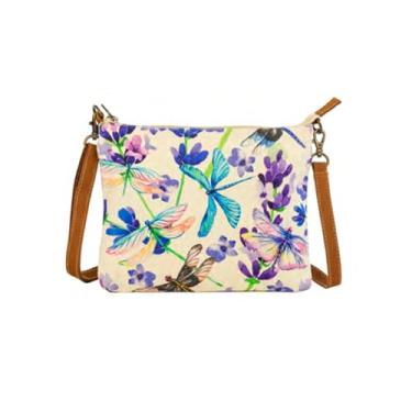 Imagem de COTT N CURLS Dragonflies Serenade Sling Bolsa tiracolo para mulheres - 82,5 x 25,4 cm bolsa libélula para mulheres, tela estampada floral em aquarela, alça de couro, presente de aniversário para mãe