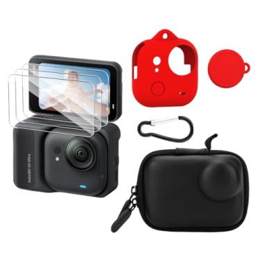 Imagem de HUADU Protetor de tela (3 + 2 unidades) compatível com câmera Insta360 GO Ultra, cobertura total de filme de vidro temperado com capa de silicone e estojo rígido para transporte de viagem (vermelho)