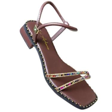 Imagem de Sandália Tamanco Feminino Salto Bloco Baixo Strass Colorido Moda Casual Confortável Verão (Café, BR, Adulto, Numérico, 39)