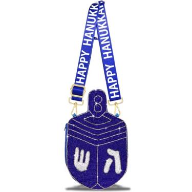 Imagem de CEALXHENY Bolsa feminina Hanukkah com contas estrela de David Menorah Dreidel bolsa de ombro transversal Hanukkah acessórios roupas, Azul, branco, Estilo G
