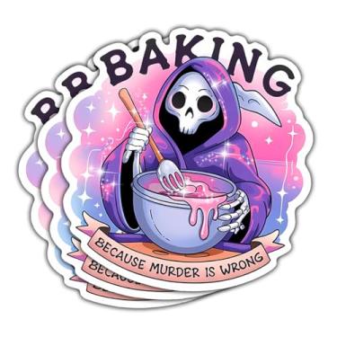 Imagem de Adesivo (3 peças) Baking Because Murder is Wrong – Grim Reaper Baking Funny Kitchen Quote Vinil Decalque à prova d'água para laptop, copo, garrafa de água, presente de telefone para padeiros e amigos