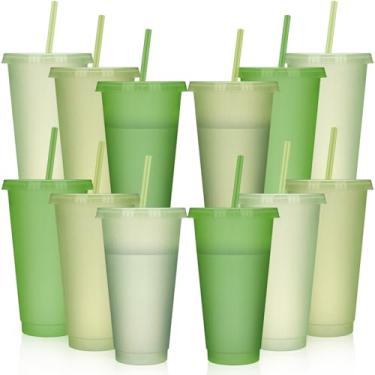 Imagem de Skylety 12 peças de copos de plástico com glitter verde com tampas e canudos 680 g copo reutilizável grande caneca de viagem café bebidas suprimentos de festa para Natal, casamento, noiva, chá de bebê