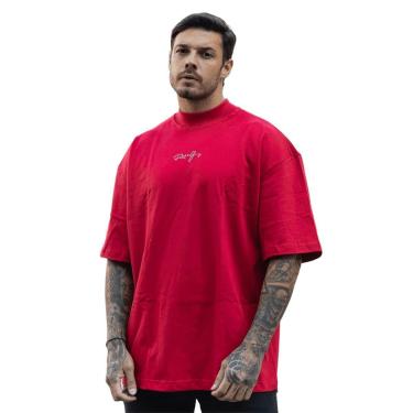 Imagem de Camiseta Oversized Gola Alta Aplique Assinatura Streetwear Confortavel Masculina Vermelho-Masculino