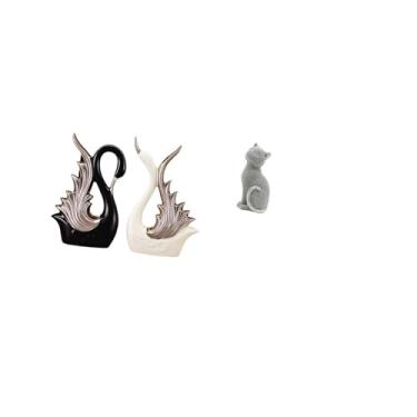 Imagem de Fenteer Elegantes Figuras de Gato Cisne em Cerâmica E Esculturas de Animais em Resina para Prateleira de Mesa, Lareira de Aniversário, Entrada, Estante de