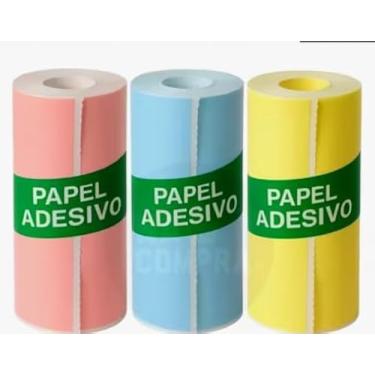 Imagem de Kit 3 Bobinas Rolo Etiqueta Térmica Adesivo 57mm, Papel Adesivo Colorido, Rosa Azul Amarelo