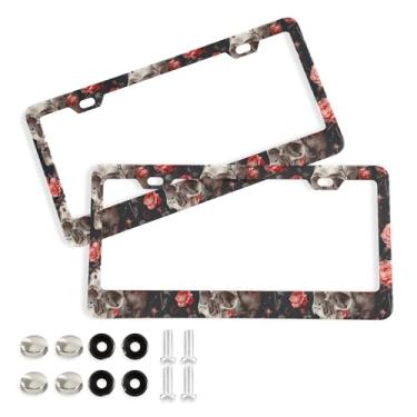 Imagem de SEHANY Molduras de placa de carro vintage rosa crânio, capas de alumínio à prova de ferrugem com furos elípticos e parafusos serve para veículos padrão dos EUA tamanho acessórios de carro para