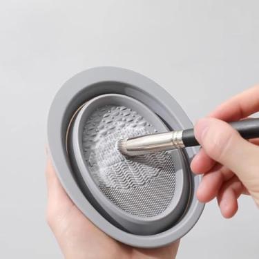 Imagem de 1 limpador de pincel de maquiagem, tigela de limpeza dobrável, pincel de maquiagem portátil, esponja de pó e ferramenta de limpeza de esponja. (cinza)