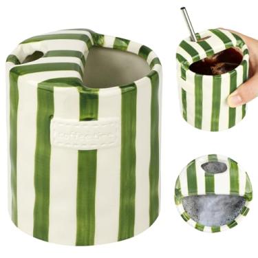 Imagem de Copo portátil retrô listrado pintado à mão com marca de cerâmica resistente ao calor antiderrapante copo duplo para leite suco de café latte bebidas quentes frias dia dos namorados dia das mães