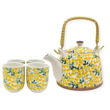 Imagem de Jogo de Chá com Bule de Porcelana 900ml com Infusor e 4 Copos 150ml | Kit Café Tokyo 30a(Flores Amarelas)