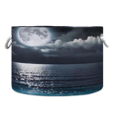 Imagem de JUZIHAI Cesto de armazenamento grande Ocean Moon, cesto de roupa suja dobrável à prova d'água com alças de corda de algodão para organização doméstica no quarto, banheiro e carro