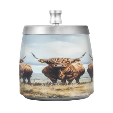 Imagem de JUZIHAI Cinzeiro Highland Cows com tampa, cinzeiro de aço inoxidável inodoro à prova de vento cinzeiro sem fumaça para escritório em casa, pátio, varanda, cigarro