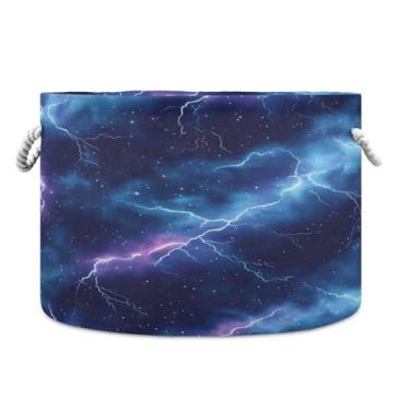 Imagem de JUZIHAI Cesto de armazenamento dobrável relâmpago azul e roxo cesto de roupa suja para bebês com alças de corda de algodão, caixa de brinquedos dobrável, organizador de armário para quarto, berçário