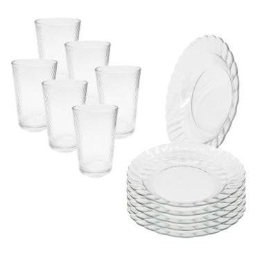 Imagem de Jogo 12 Peças Aparelho de Jantar 6 Pratos Fundo Liso Vidro + 6 Copos L