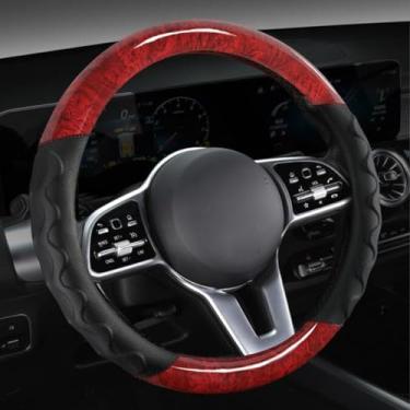 Imagem de Knonip Capa de volante de couro automotivo grão de madeira pêssego respirável antiderrapante durável universal 38 cm envoltório para volante (vermelho)