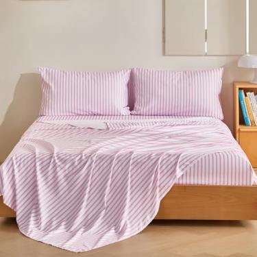 Imagem de MCO Conjunto de lençóis listrados de 4 peças, conjunto de lençol King respirável com bolso profundo de 41 cm, moderno e luxuoso, conjunto de cama de microfibra escovada (king, rosa simples)