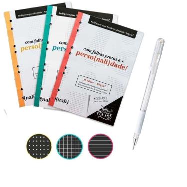 Imagem de Kit Refil Fichario Folhas Pretas Nali Caneta Branca Pentel