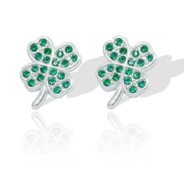 Imagem de Brinco Trevo Sorte Cravejado Pedra Verde Zirconia Prata Lei - Lojas La