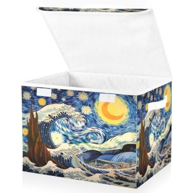 Imagem de Blueangle Cestos de armazenamento The Starry Night com tampas, 42 x 32 x 30 cm, grande cesta organizadora dobrável para decoração de escritório e armário (388)