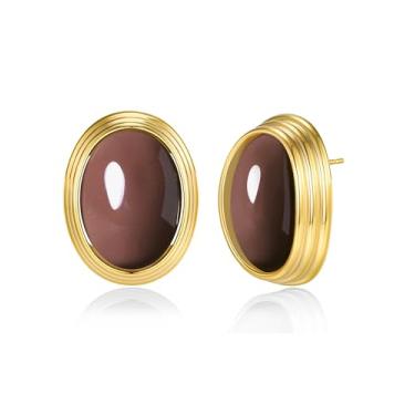 Imagem de SNGIA Brincos femininos banhados a ouro 18 K, bordô, marrom, vermelho, cornalina, oval, com nervuras, botão arredondado, retrô, boêmio, moderno, pedras barrocas, vintage, vintage, verão, praia
