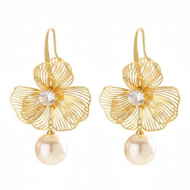 Imagem de Brincos femininos com pingente de flor vazada a ouro moderno boho vintage declaração pérola zircão brincos de gota banhados a ouro 18 k boêmio joias de casamento