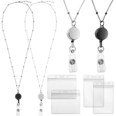 Imagem de Outus 2 cordões de crachá com suportes de identificação de aço inoxidável para crachá e crachá de crachá, colar, clipe retrátil, corrente resistente à água para escritório escolar (preto, prata)