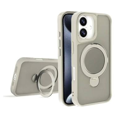 Imagem de Capa para iPhone 16 Pro com suporte magnético giratório de 360° em metal e acabamento fosco na parte traseira, branca.