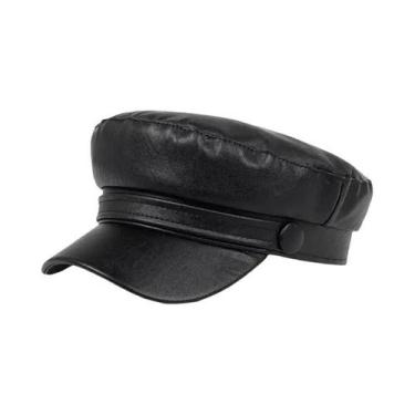 Imagem de Boné Militar Casual de Couro PU - Adulto - Primavera/Outono, Preto
