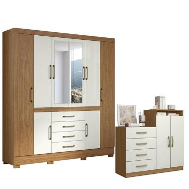 Imagem de Guarda Roupa Casal Nápole 8 Portas 4 Gavetas MDP com Espelho Atacama Off White e Cômoda Londres
