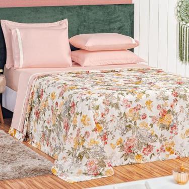 Imagem de Kit Cobre Leito Floral Rosê Queen Size 3 Peças Com 2 Porta Travesseiro