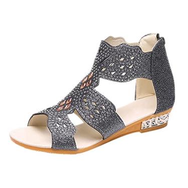 Imagem de Sandálias femininas para mulheres meninas sapatos de praia de cristal de verão casualMaterial: couro artificial sandálias de salto para mulheres elegantes (preto, 8)